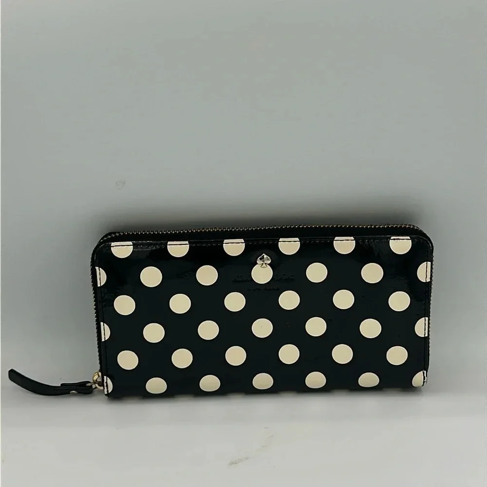 Kate Spade Carlisle Street Lacey Midnight / Cream polka dot zip around wallet